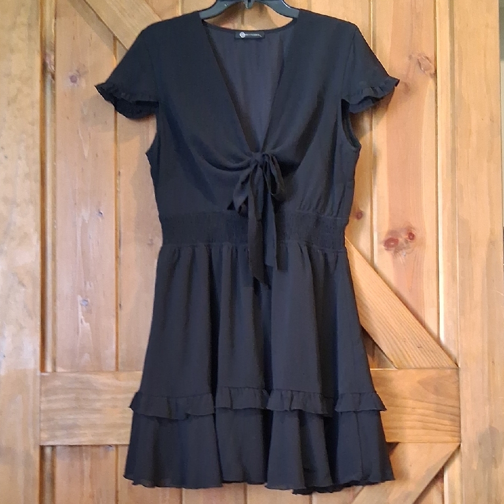 PrettyGarden Black Deep V-Neck Tiered Mini Dress Women's Large Flutter Sleeves